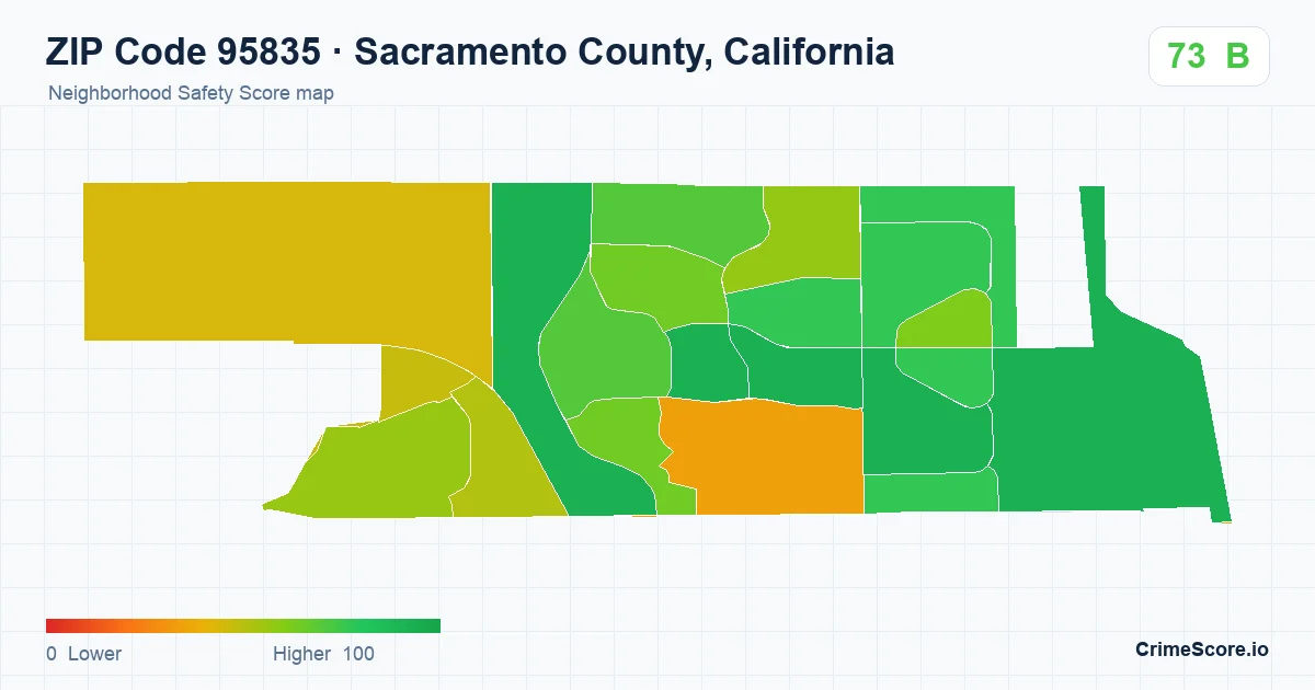 ZIP Code 95835 in Sacramento County, California neighborhood Safety Score map