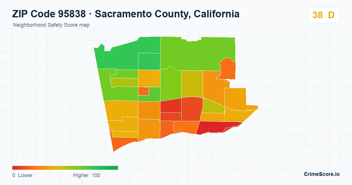 ZIP Code 95838 in Sacramento County, California neighborhood Safety Score map