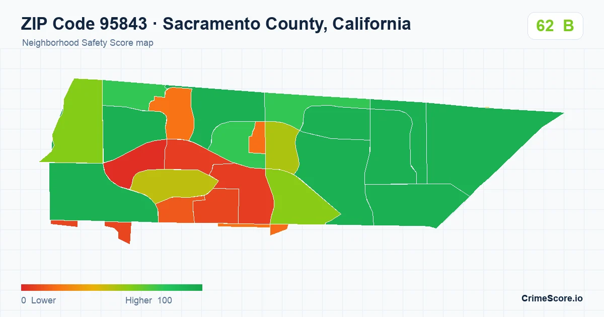 ZIP Code 95843 in Sacramento County, California neighborhood Safety Score map