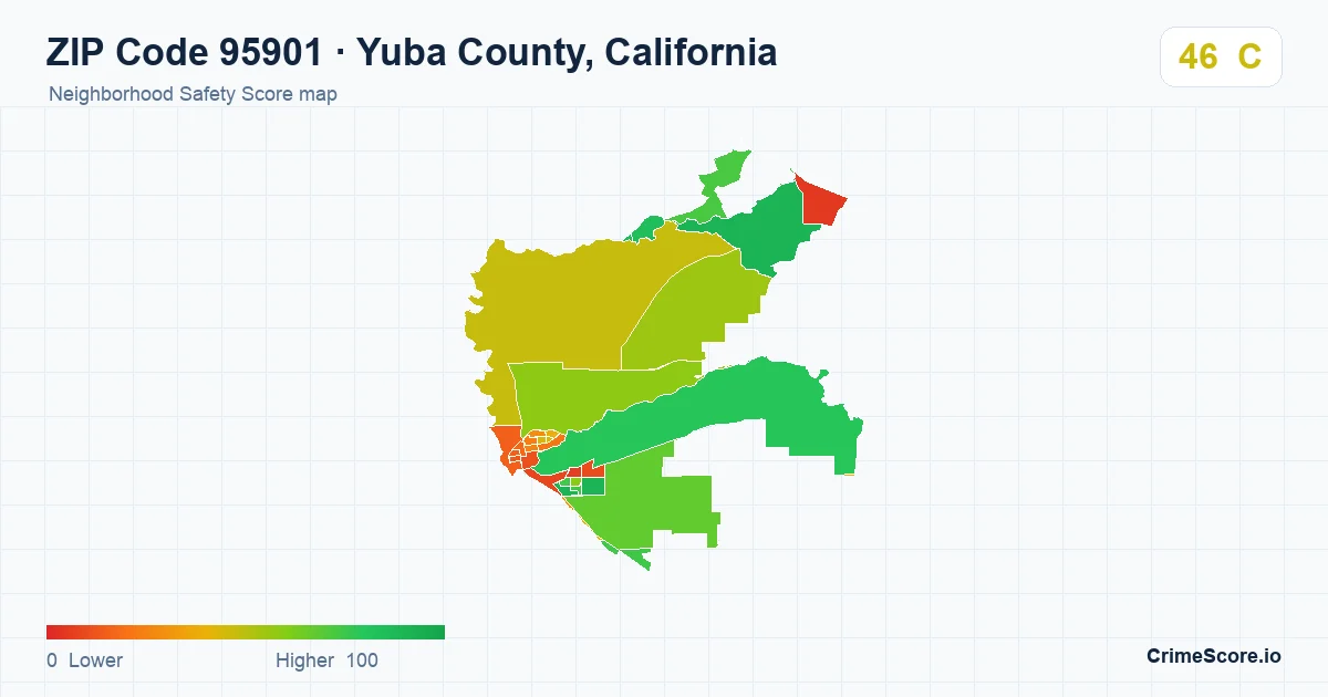 ZIP Code 95901 in Yuba County, California neighborhood Safety Score map