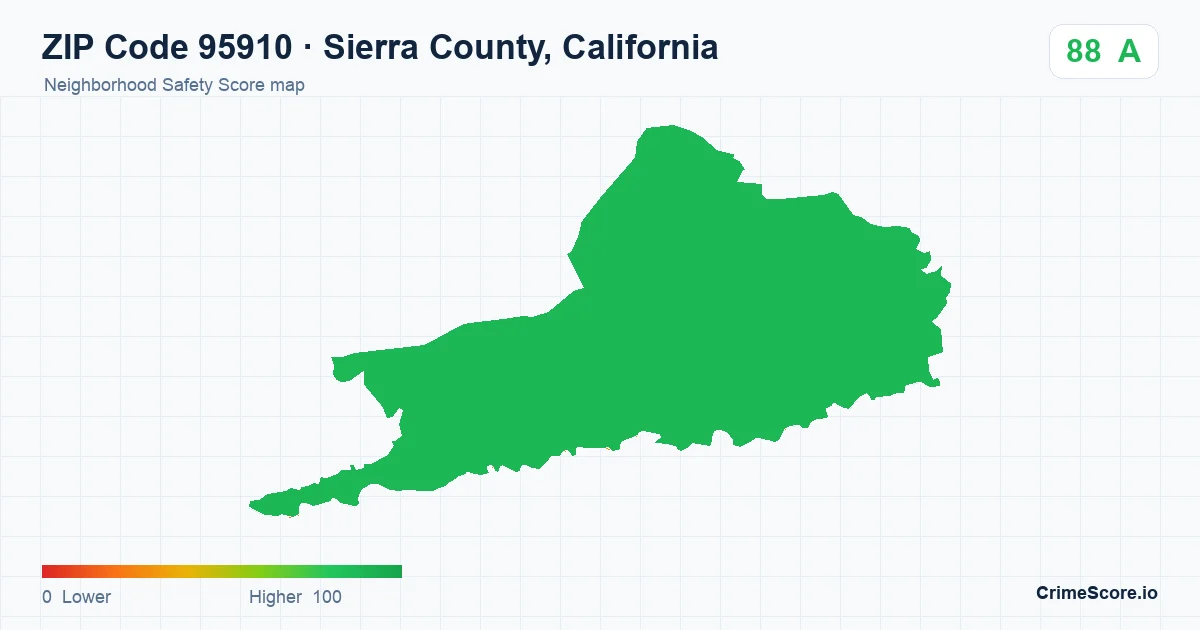 ZIP Code 95910 in Sierra County, California neighborhood Safety Score map