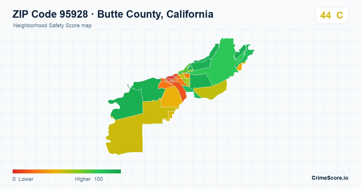 ZIP Code 95928 in Butte County, California neighborhood Safety Score map