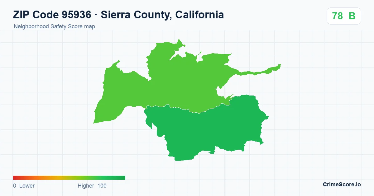 ZIP Code 95936 in Sierra County, California neighborhood Safety Score map