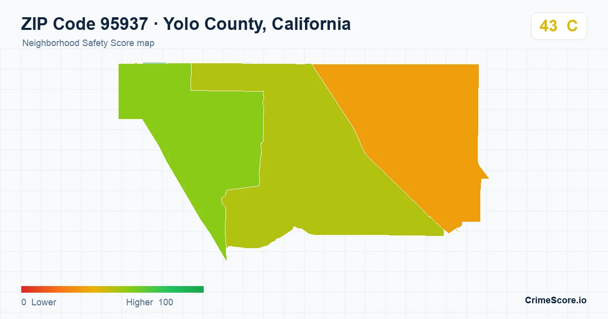 ZIP Code 95937 in Yolo County, California neighborhood Safety Score map