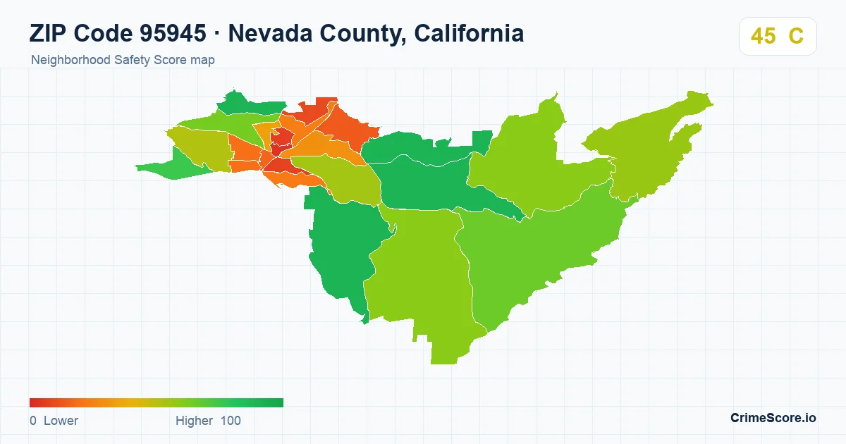 ZIP Code 95945 in Nevada County, California neighborhood Safety Score map