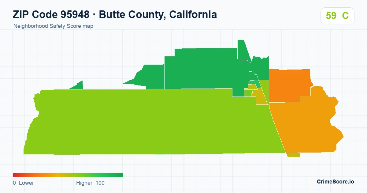 ZIP Code 95948 in Butte County, California neighborhood Safety Score map