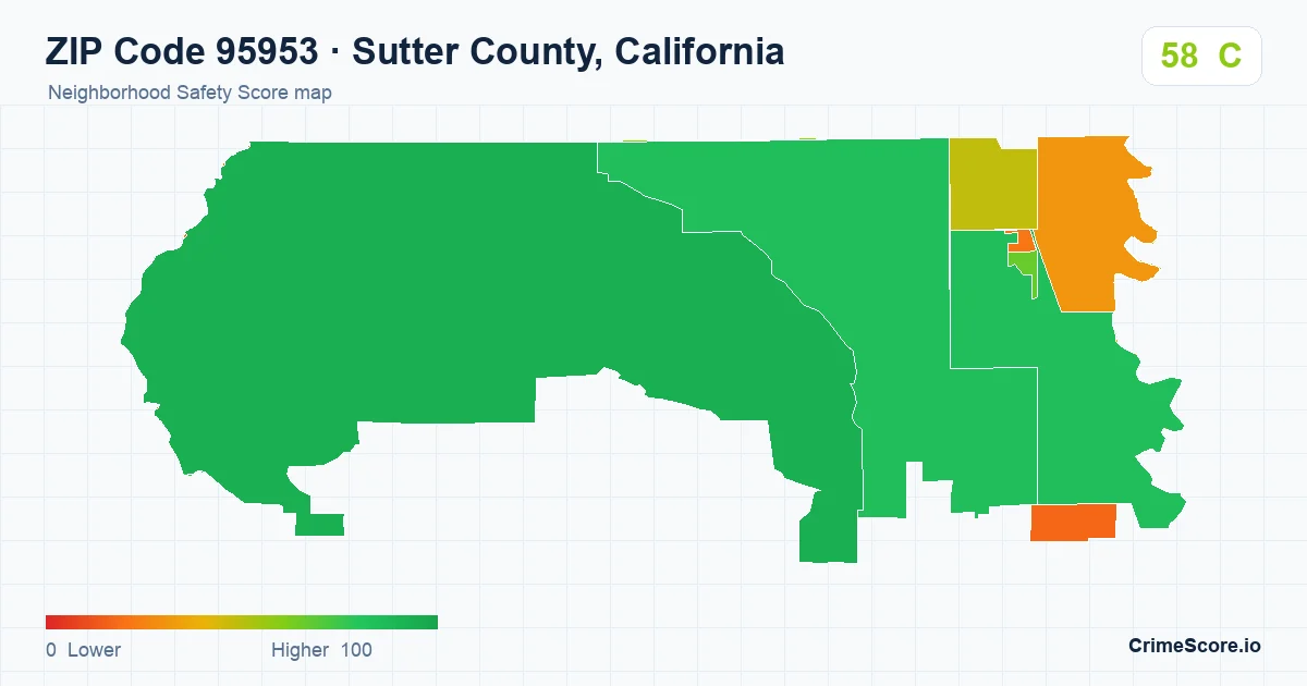 ZIP Code 95953 in Sutter County, California neighborhood Safety Score map