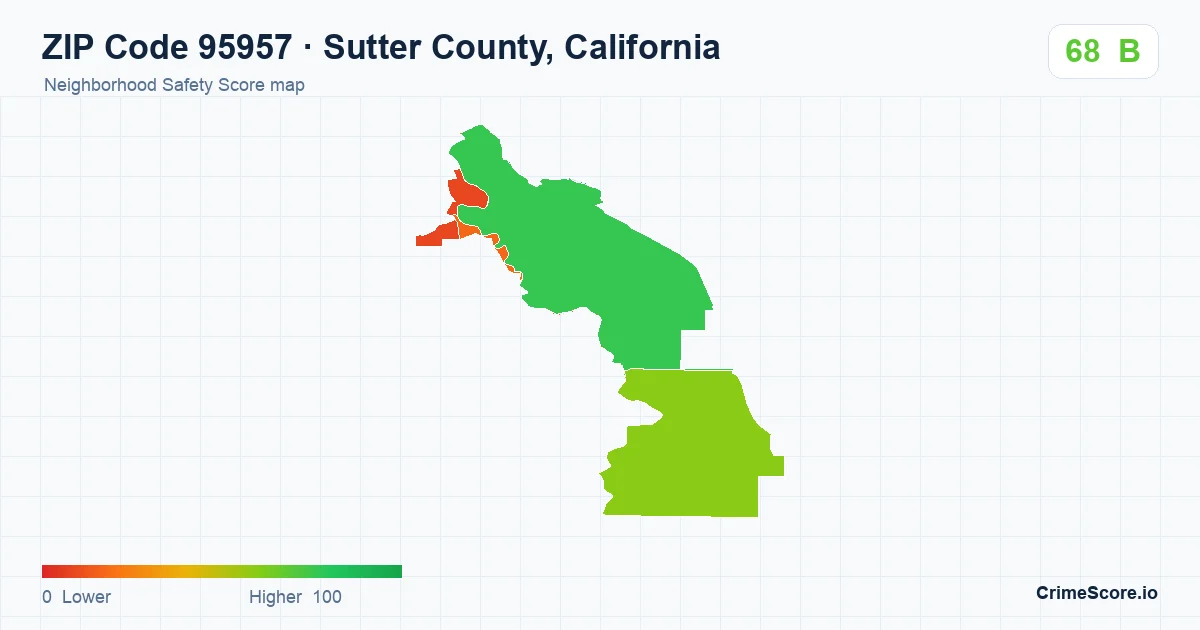 ZIP Code 95957 in Sutter County, California neighborhood Safety Score map