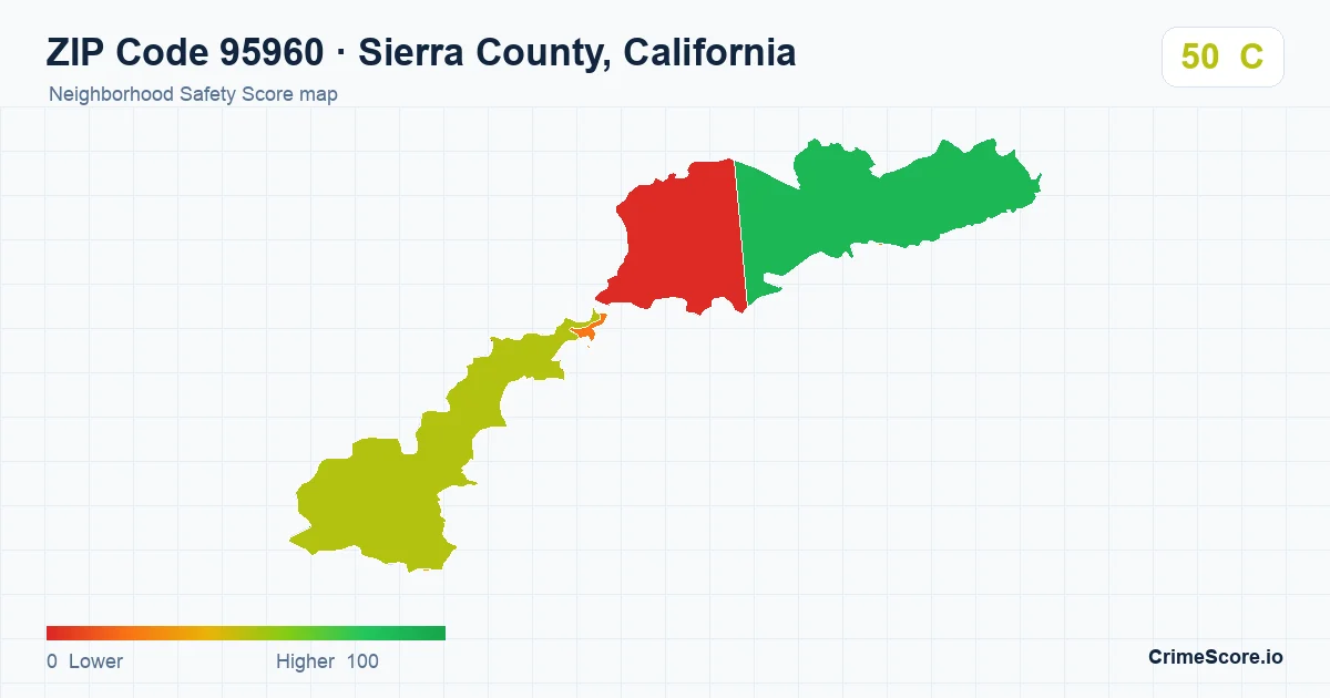 ZIP Code 95960 in Sierra County, California neighborhood Safety Score map