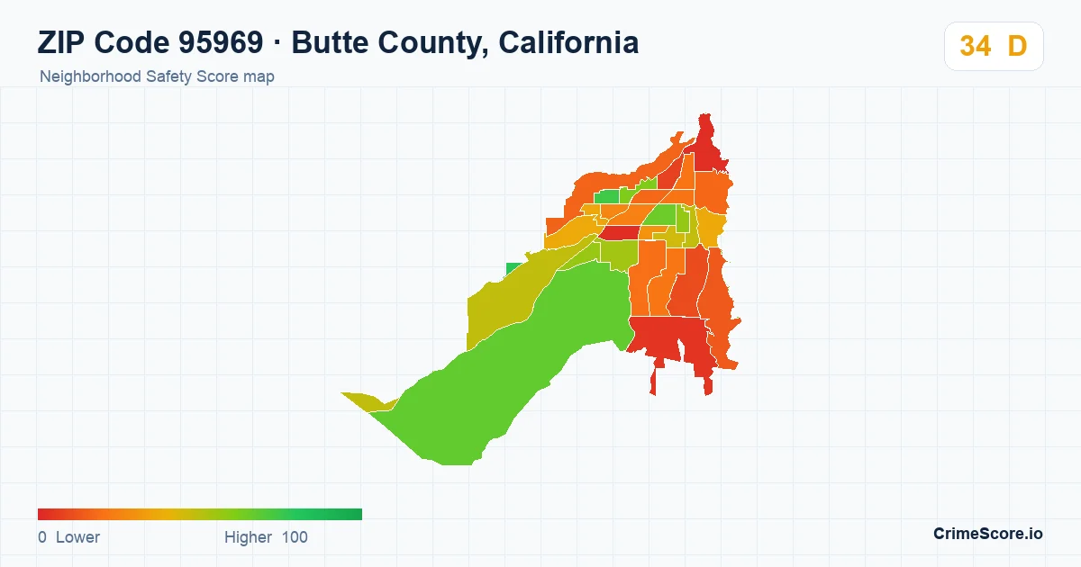 ZIP Code 95969 in Butte County, California neighborhood Safety Score map