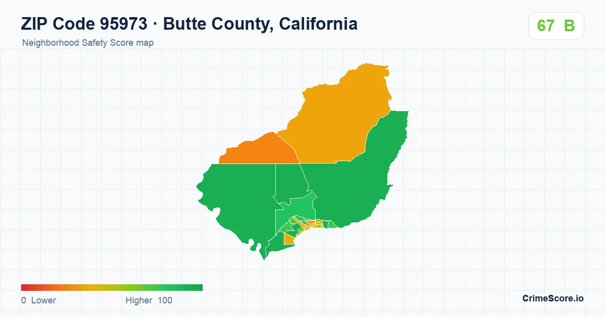 ZIP Code 95973 in Butte County, California neighborhood Safety Score map