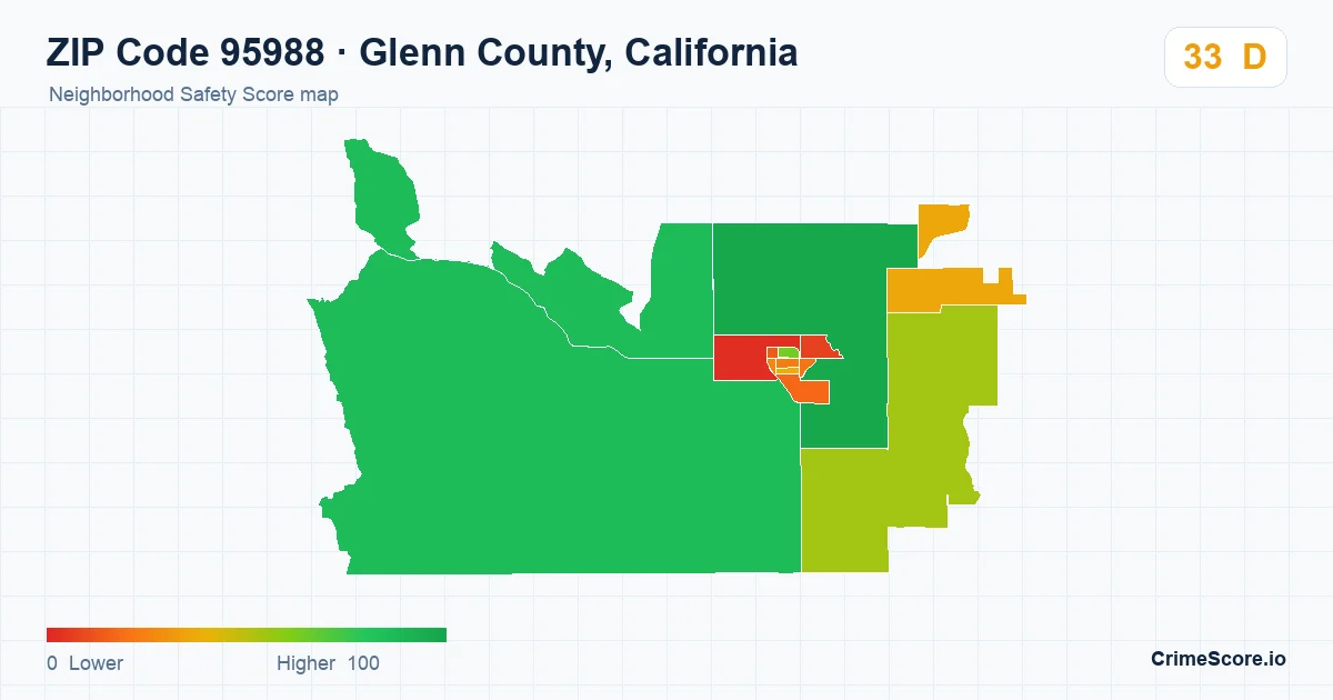 ZIP Code 95988 in Glenn County, California neighborhood Safety Score map