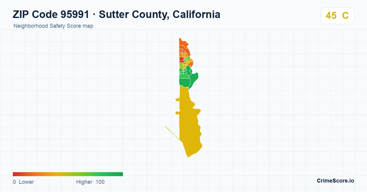 ZIP Code 95991 in Sutter County, California neighborhood Safety Score map