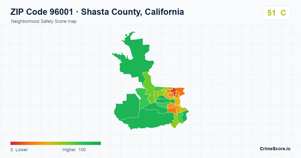 ZIP Code 96001 in Shasta County, California neighborhood Safety Score map