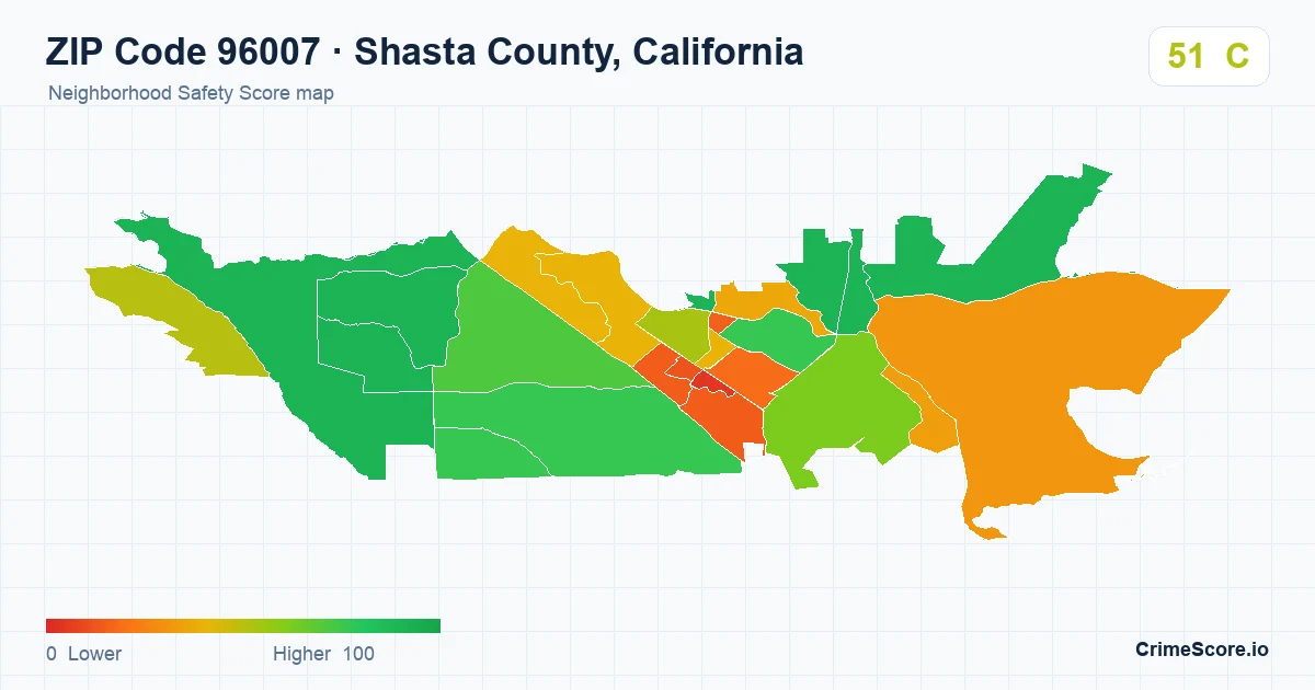 ZIP Code 96007 in Shasta County, California neighborhood Safety Score map
