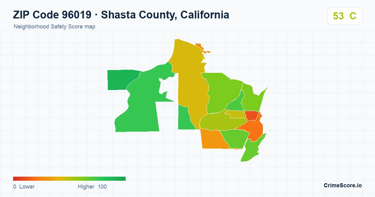 ZIP Code 96019 in Shasta County, California neighborhood Safety Score map