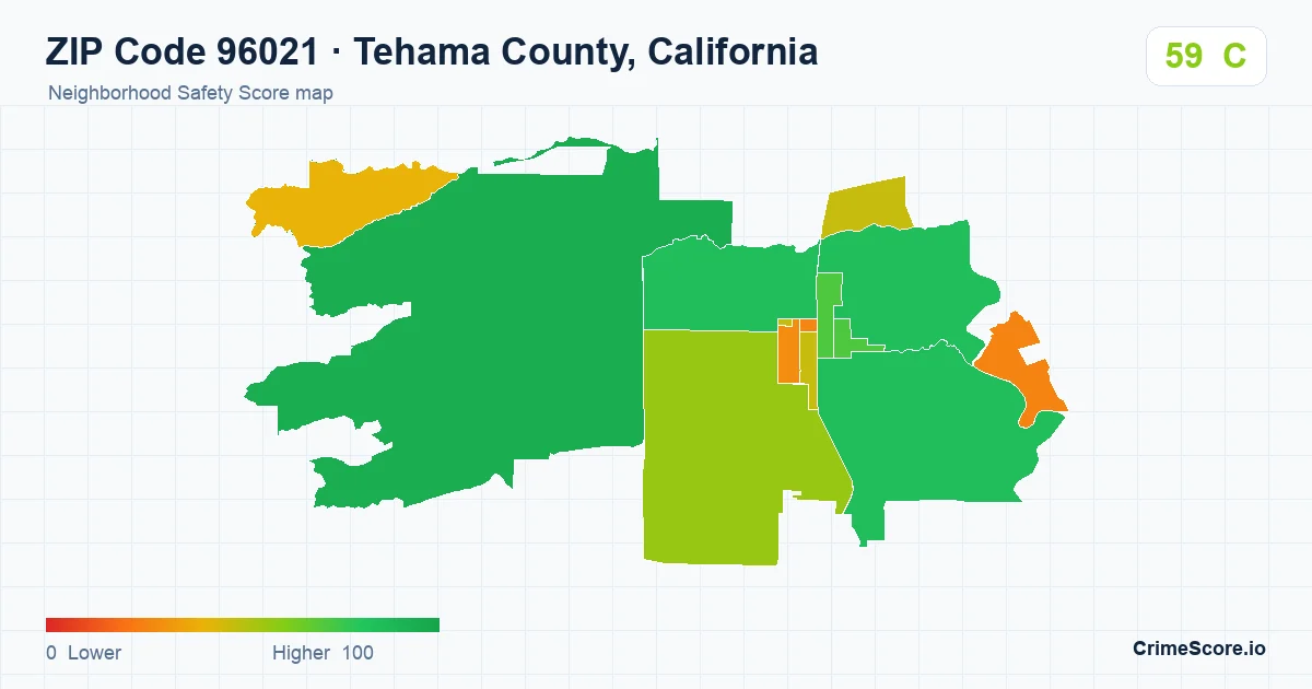 ZIP Code 96021 in Tehama County, California neighborhood Safety Score map