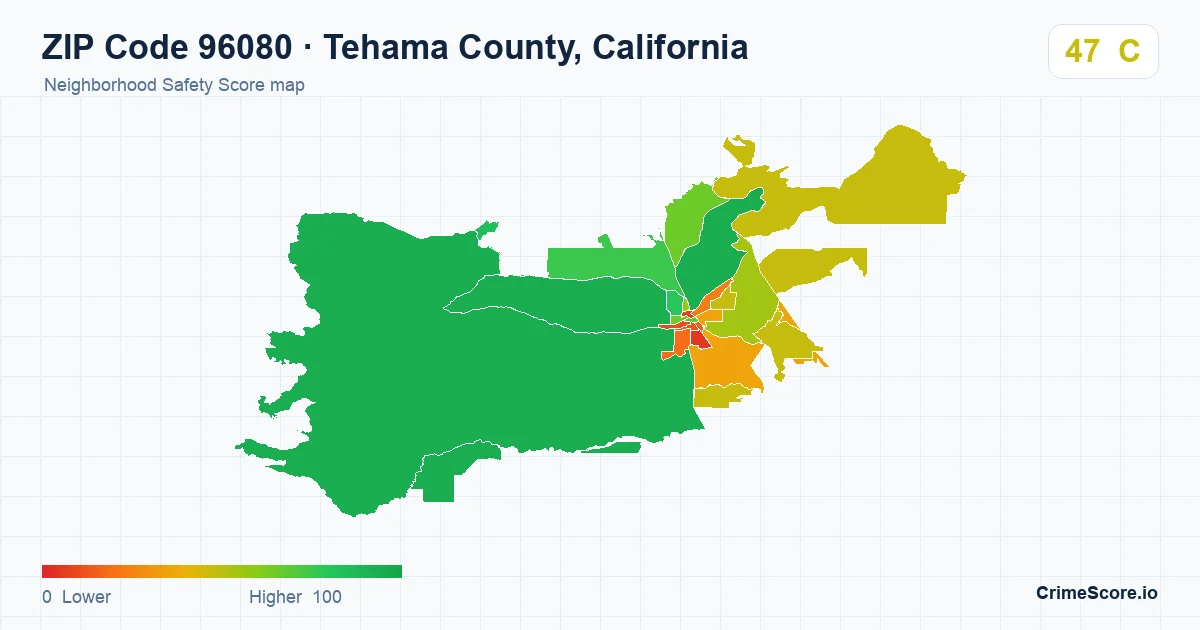 ZIP Code 96080 in Tehama County, California neighborhood Safety Score map