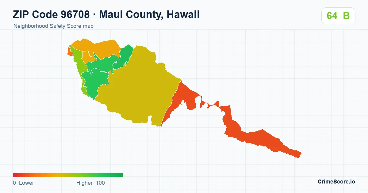 ZIP Code 96708 in Maui County, Hawaii neighborhood Safety Score map
