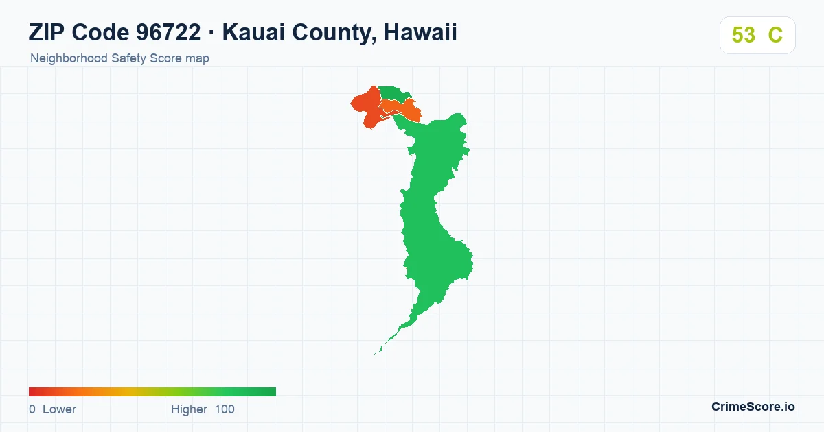 ZIP Code 96722 in Kauai County, Hawaii neighborhood Safety Score map
