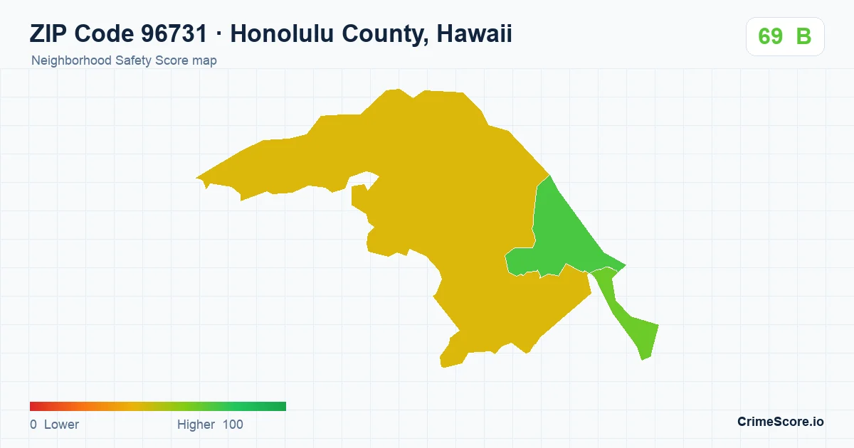 ZIP Code 96731 in Honolulu County, Hawaii neighborhood Safety Score map
