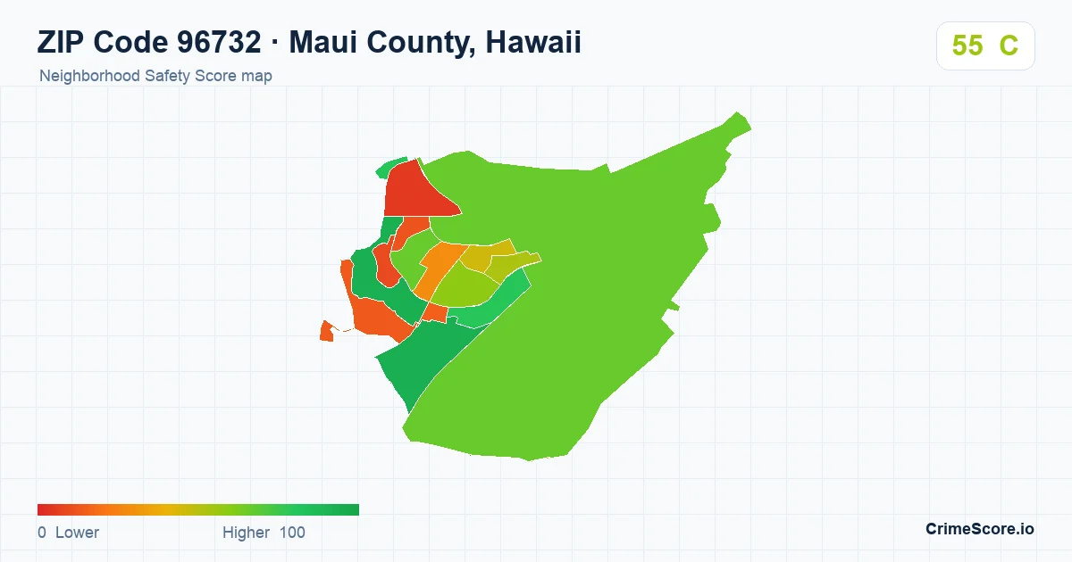 ZIP Code 96732 in Maui County, Hawaii neighborhood Safety Score map