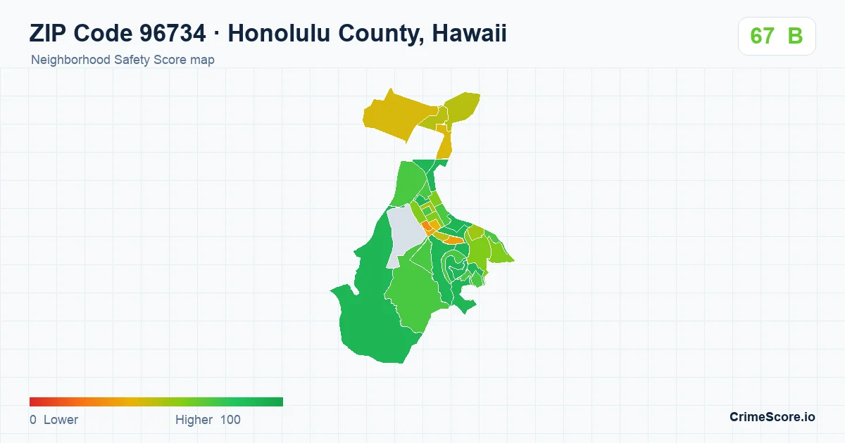 ZIP Code 96734 in Honolulu County, Hawaii neighborhood Safety Score map