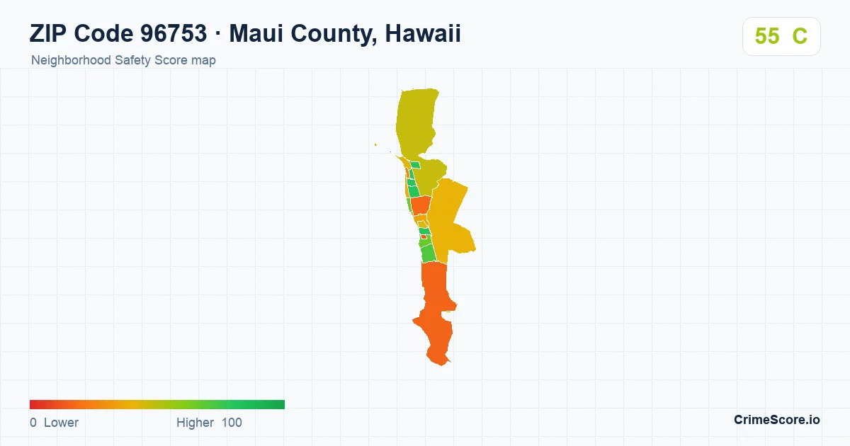 ZIP Code 96753 in Maui County, Hawaii neighborhood Safety Score map