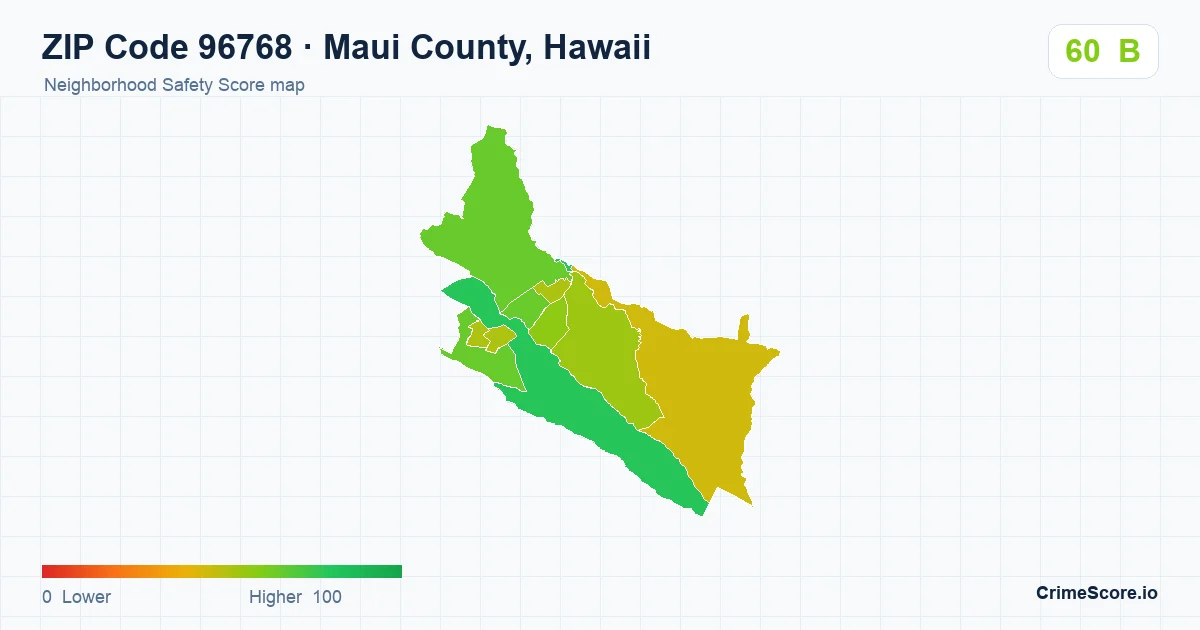 ZIP Code 96768 in Maui County, Hawaii neighborhood Safety Score map