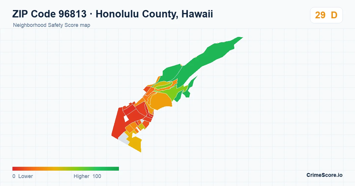 ZIP Code 96813 in Honolulu County, Hawaii neighborhood Safety Score map