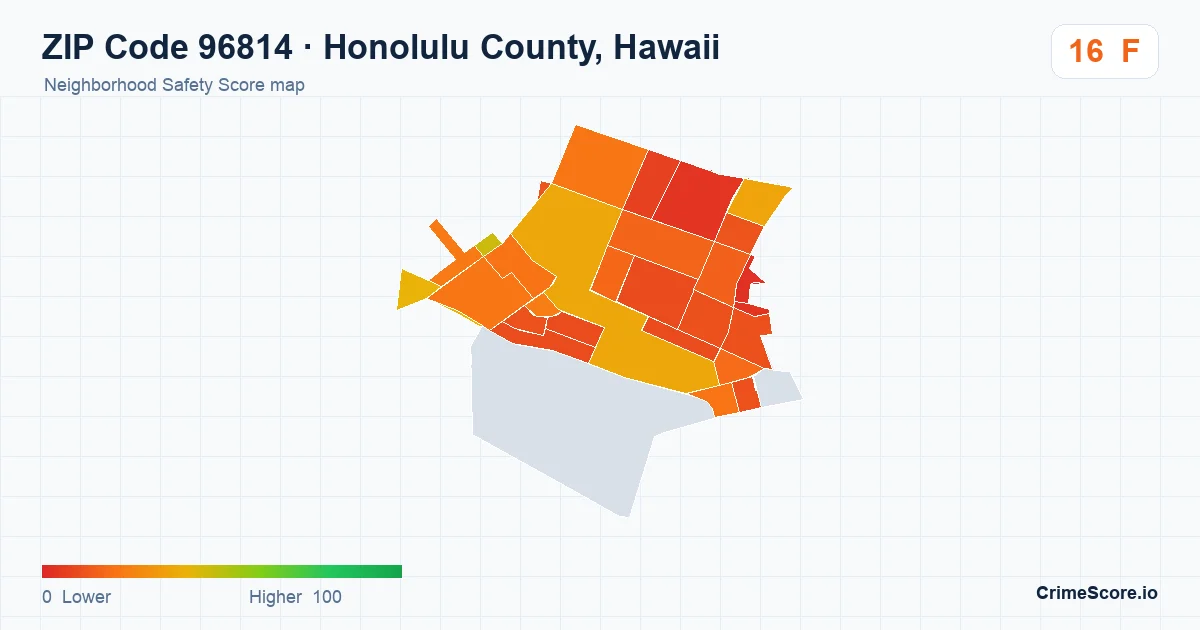 ZIP Code 96814 in Honolulu County, Hawaii neighborhood Safety Score map