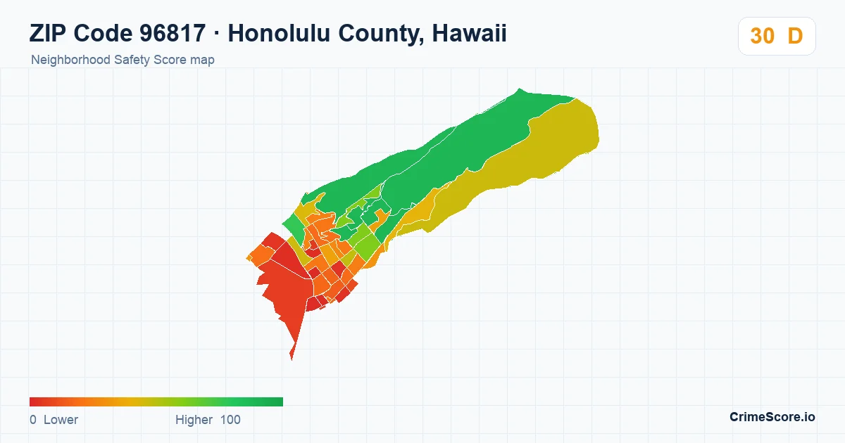 ZIP Code 96817 in Honolulu County, Hawaii neighborhood Safety Score map