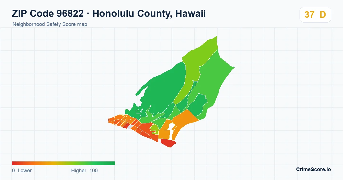 ZIP Code 96822 in Honolulu County, Hawaii neighborhood Safety Score map