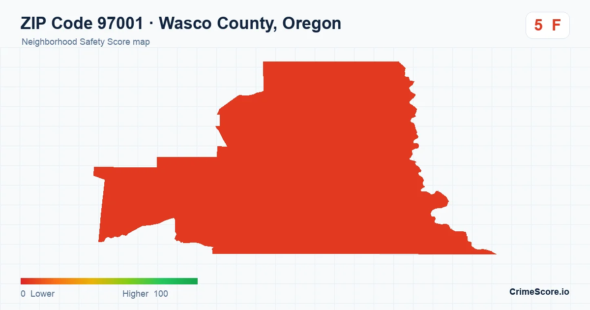 ZIP Code 97001 in Wasco County, Oregon neighborhood Safety Score map