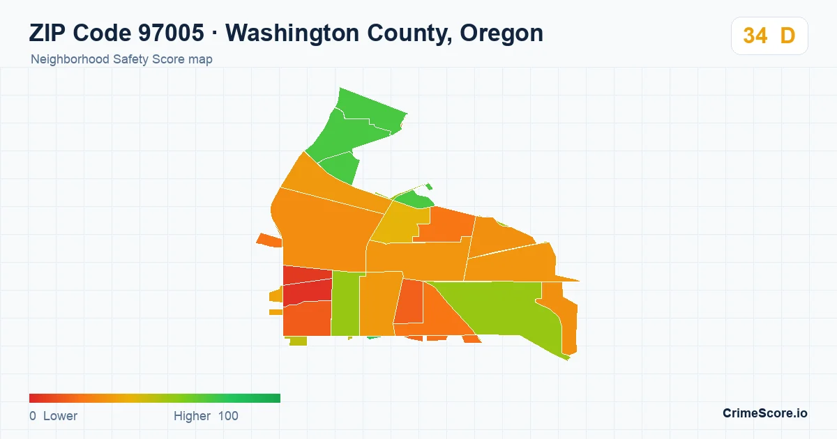 ZIP Code 97005 in Washington County, Oregon neighborhood Safety Score map