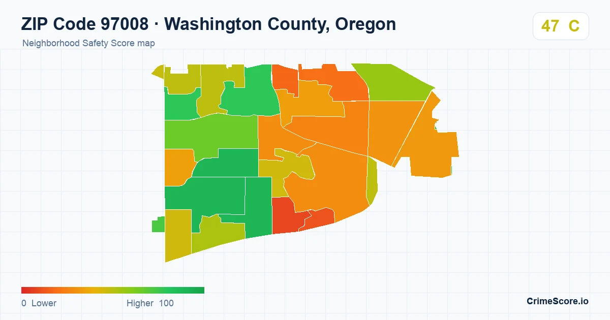 ZIP Code 97008 in Washington County, Oregon neighborhood Safety Score map