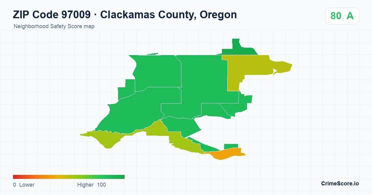 ZIP Code 97009 in Clackamas County, Oregon neighborhood Safety Score map