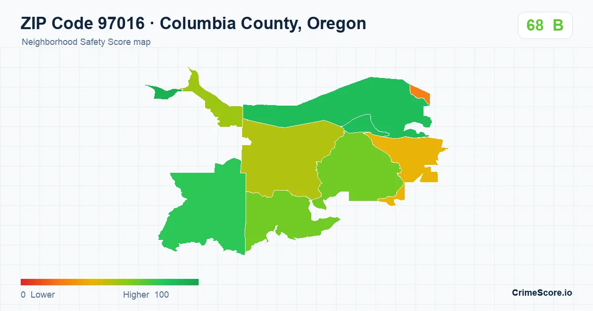 ZIP Code 97016 in Columbia County, Oregon neighborhood Safety Score map