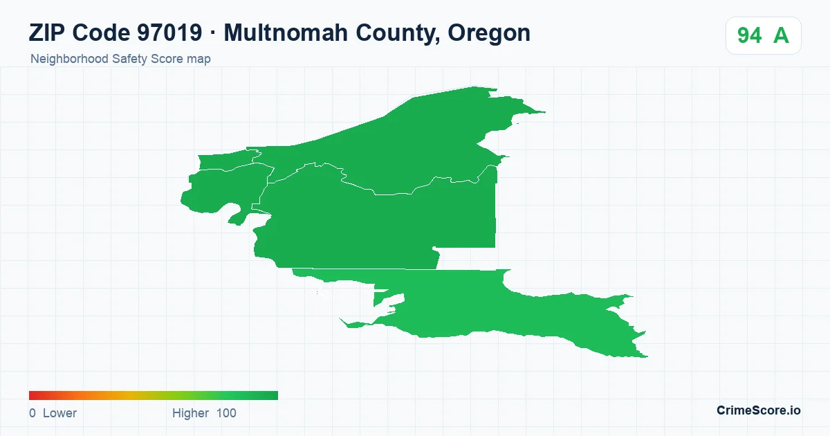 ZIP Code 97019 in Multnomah County, Oregon neighborhood Safety Score map