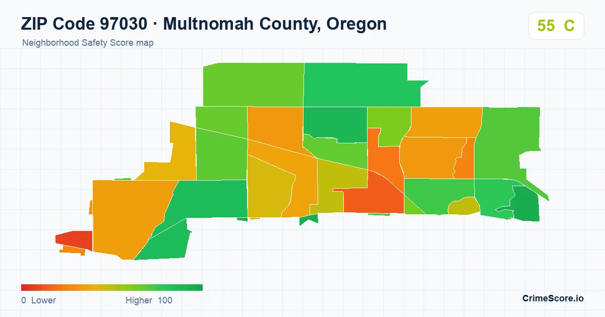 ZIP Code 97030 in Multnomah County, Oregon neighborhood Safety Score map