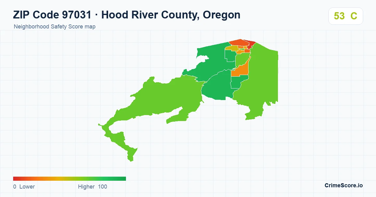 ZIP Code 97031 in Hood River County, Oregon neighborhood Safety Score map