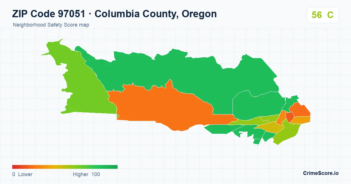 ZIP Code 97051 in Columbia County, Oregon neighborhood Safety Score map