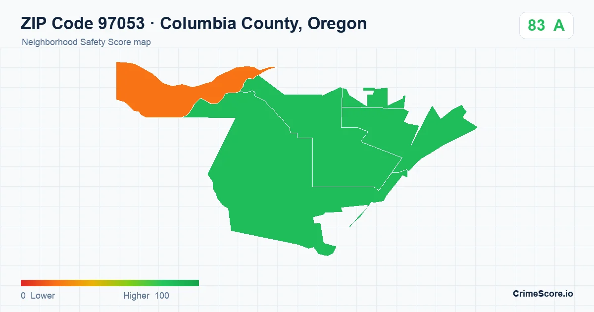 ZIP Code 97053 in Columbia County, Oregon neighborhood Safety Score map