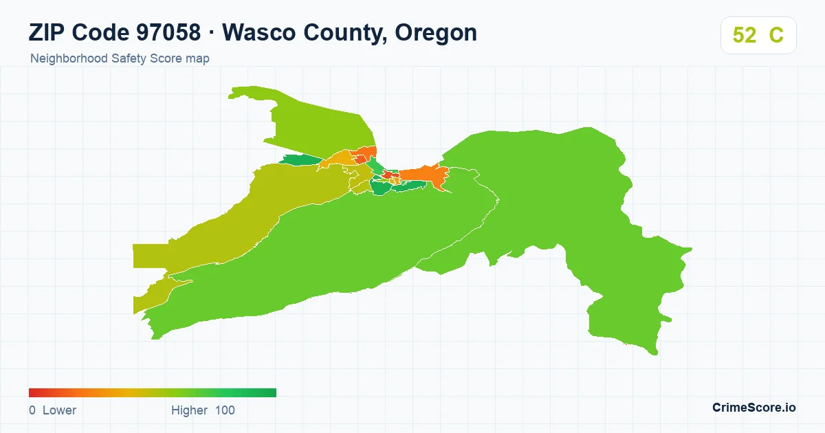 ZIP Code 97058 in Wasco County, Oregon neighborhood Safety Score map