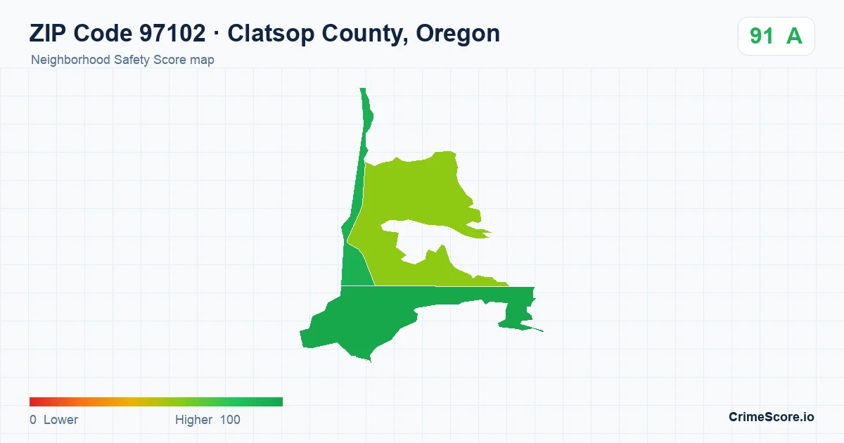 ZIP Code 97102 in Clatsop County, Oregon neighborhood Safety Score map