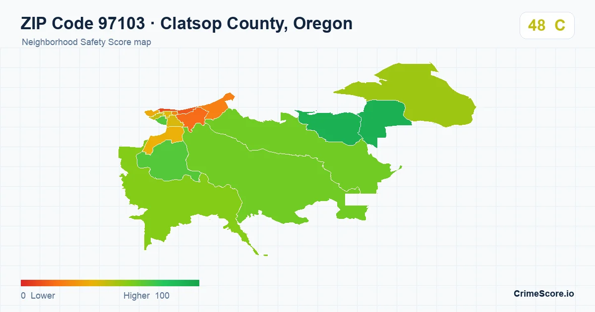 ZIP Code 97103 in Clatsop County, Oregon neighborhood Safety Score map