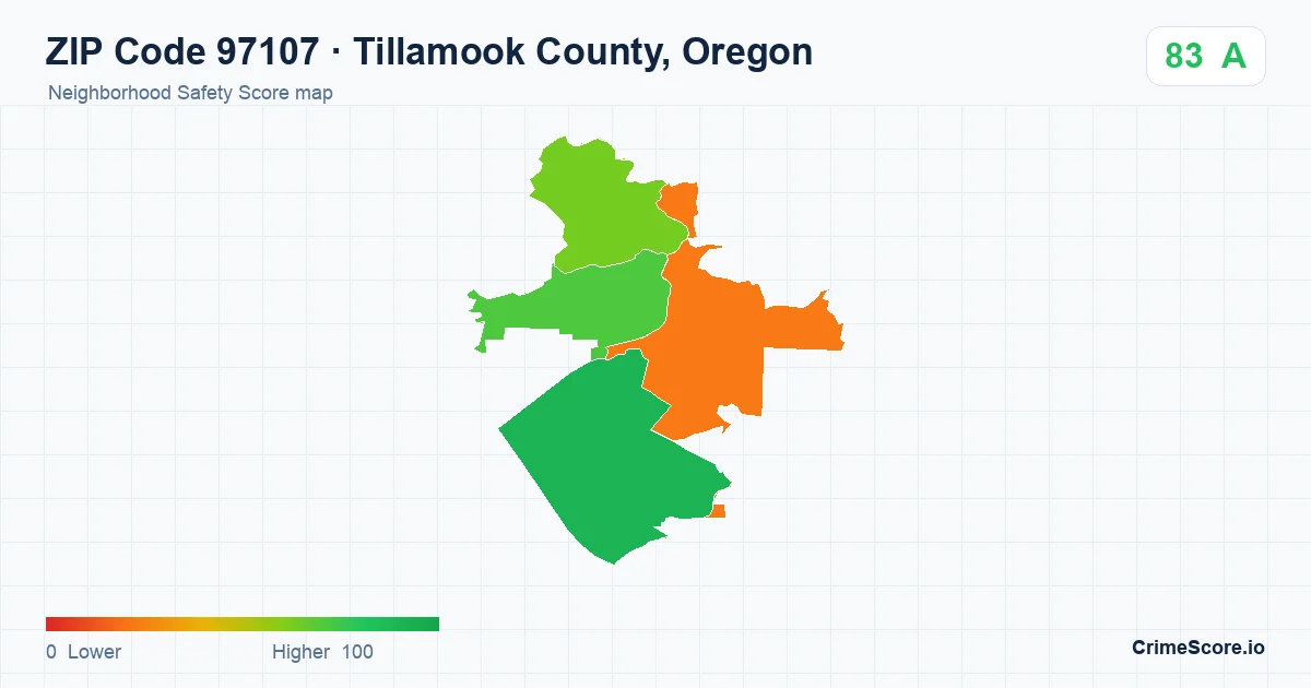 ZIP Code 97107 in Tillamook County, Oregon neighborhood Safety Score map