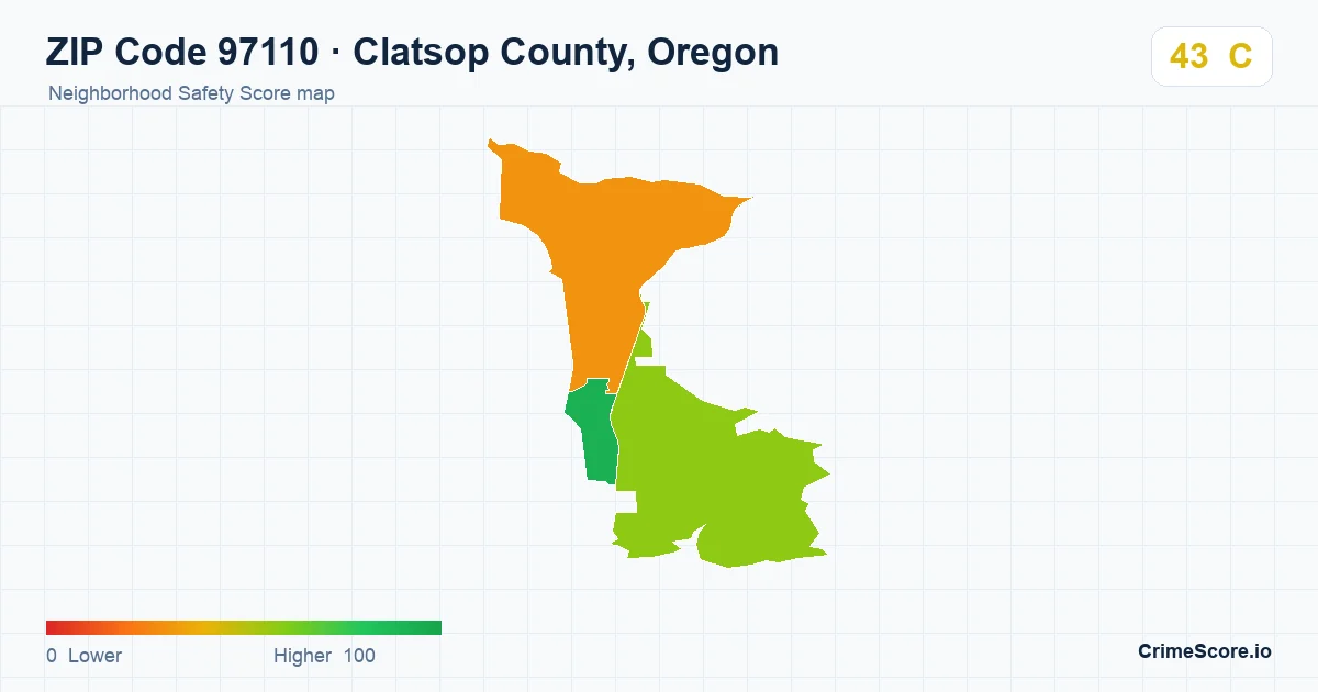 ZIP Code 97110 in Clatsop County, Oregon neighborhood Safety Score map