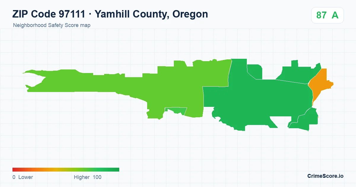 ZIP Code 97111 in Yamhill County, Oregon neighborhood Safety Score map