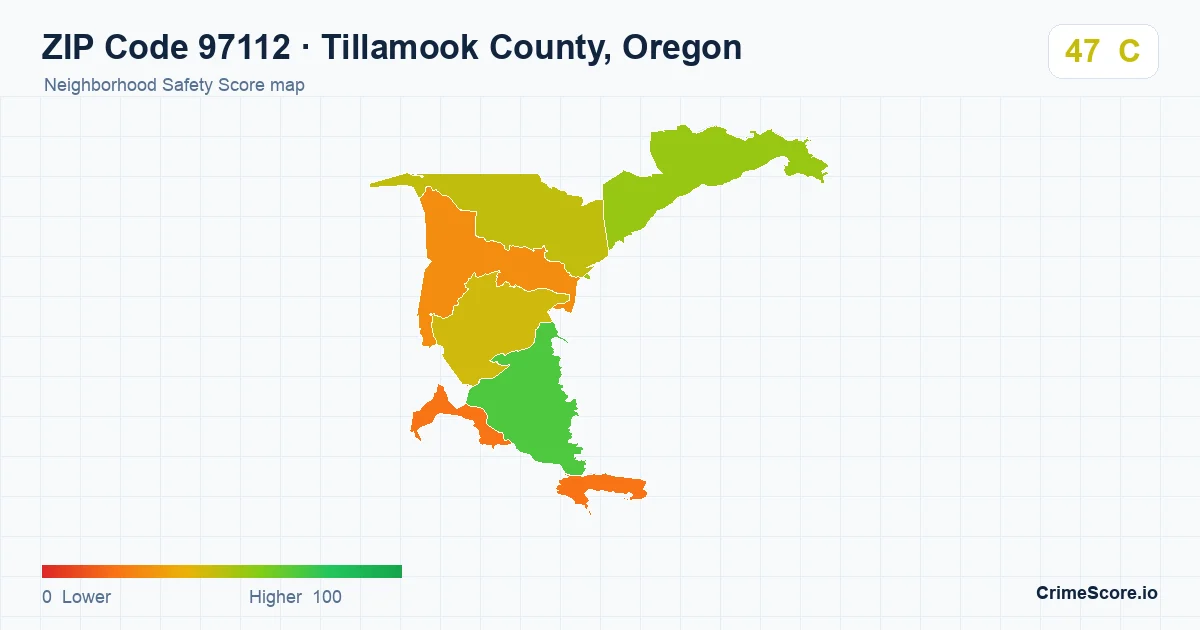 ZIP Code 97112 in Tillamook County, Oregon neighborhood Safety Score map
